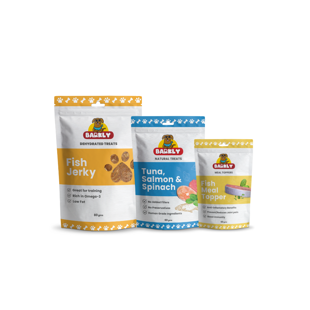 Image of Fish Jerky: "Barkly Treats 100% Natural Fish Jerky for Dogs - Ocean Freshness"
Image of Tuna, Salmon and Spinach Biscuits: "Barkly Treats Tuna, Salmon & Spinach Biscuits - Nutritious Dog Treats"
Image of Fish Meal Topper: "Barkly Treats Fish Meal Topper - Natural and Delicious for Dogs"
Image of Entire Seafood Bundle: "Barkly Treats Seafood Bundle - Includes Fish Jerky, Biscuits, and Meal Topper for Dogs"