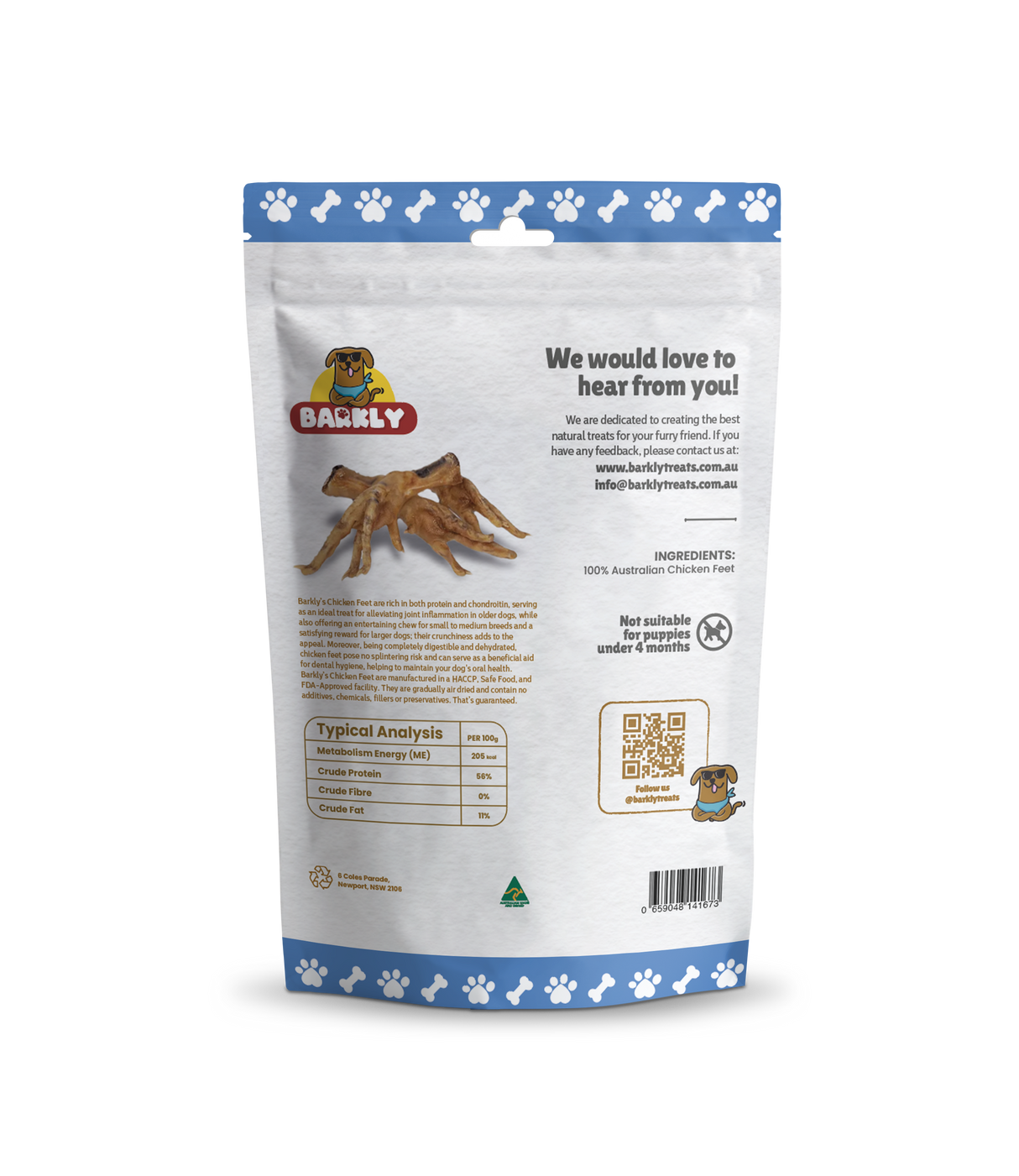 Back side of Barkly treats chicken feet package