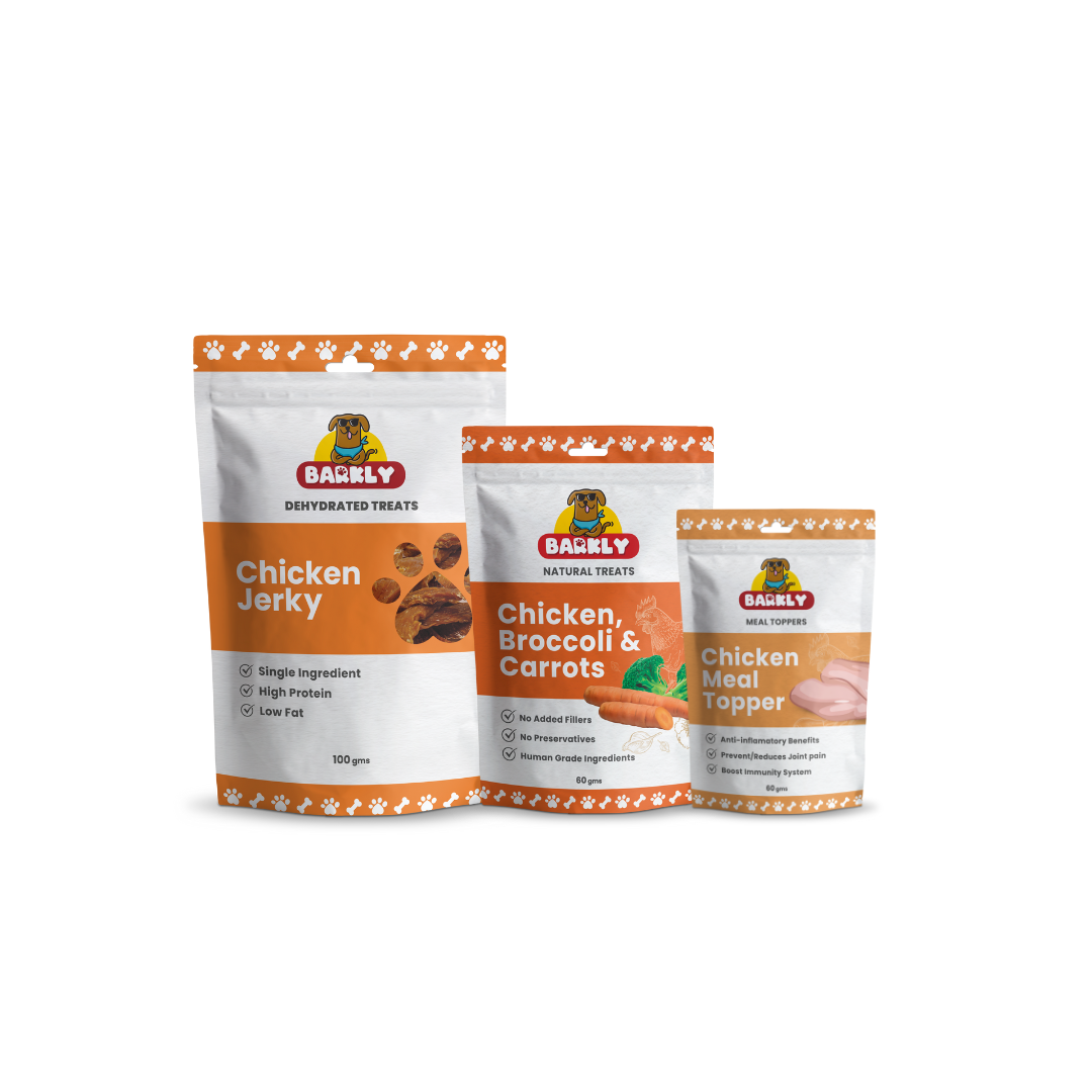 Image of Chicken Jerky: "Barkly Treats 100% Natural Chicken Jerky for Dogs - Made in Australia"
Image of Chicken Meal Topper: "Barkly Treats Chicken Meal Topper - Natural and Nutritious for Dogs"
Image of 60g Chicken Treats Bag: "Barkly Treats 60g Bag of Chicken Treats - Pure, Healthy, and Delicious"
Image of Entire Chicken Dinner Bundle: "Barkly Treats Chicken Dinner Bundle - Includes Chicken Jerky, Meal Topper, and Treats for Dogs"