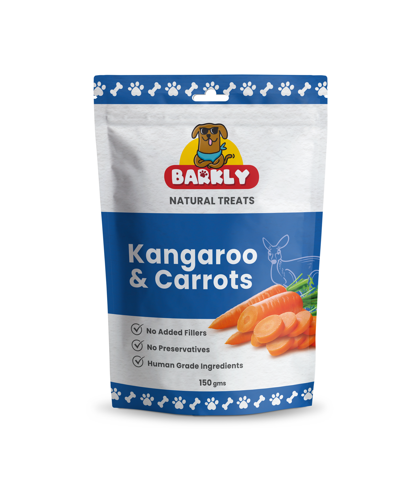 Pack of Kangaroo and Carrot dog treats displayed