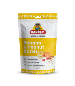 Banana and peanut butter flavored dog treats in packaging