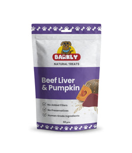 Packaged beef liver and pumpkin dog treats with product label visible