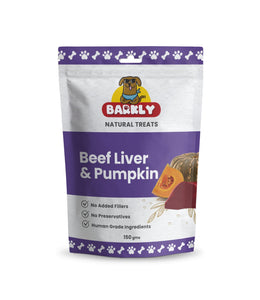 Beef liver and pumpkin dog treats in a clear packaging