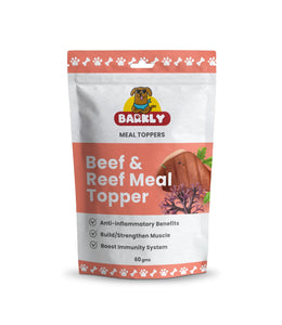 Beef and seafood mix topping for pet food in a bag
