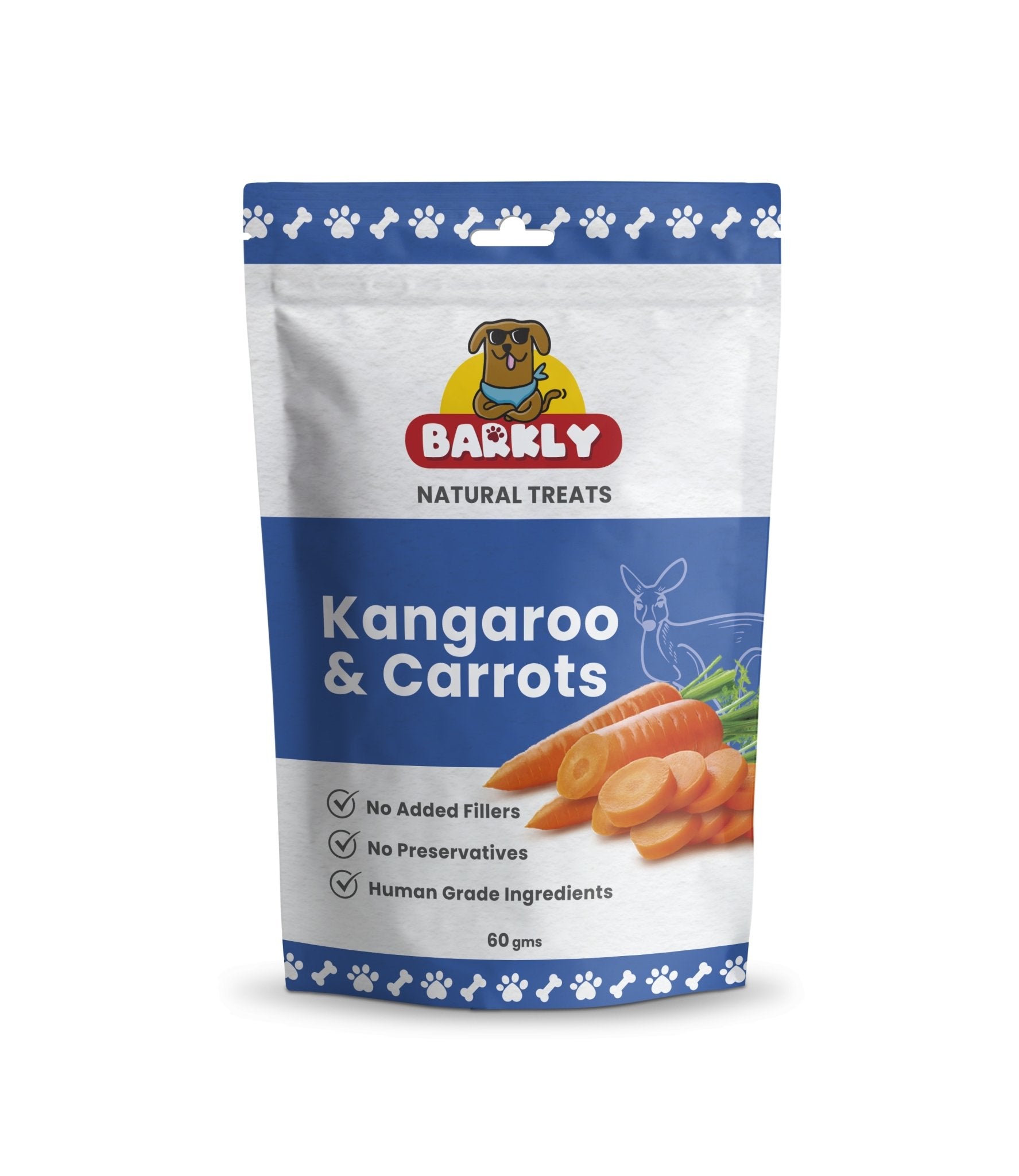 Kangaroo and carrot flavored dog treats in packaging
