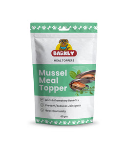 Close-up of the Barkley Mussel Meal Topper packaging