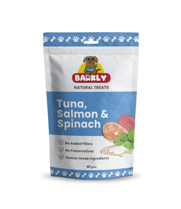 Tuna, Salmon, and Spinach flavored dog treats in packaging
