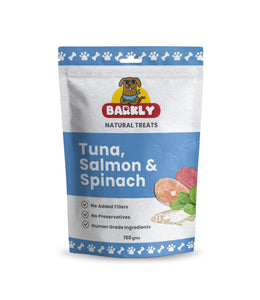 Package of Tuna, Salmon, and Spinach dog treats for puppies