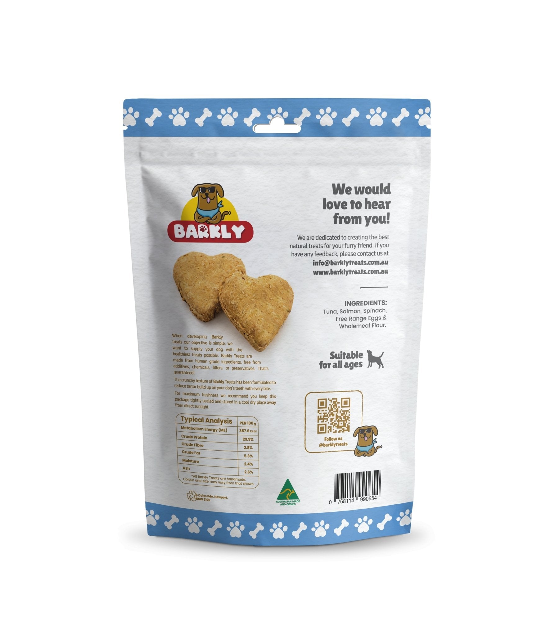 Heart-shaped Tuna, Salmon, and Spinach dog treats in a bag