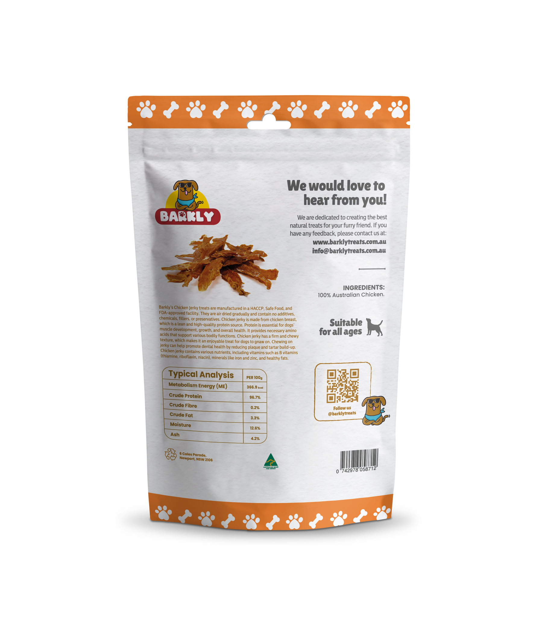 Packaged Chicken Jerky dog treats with a "barkly label