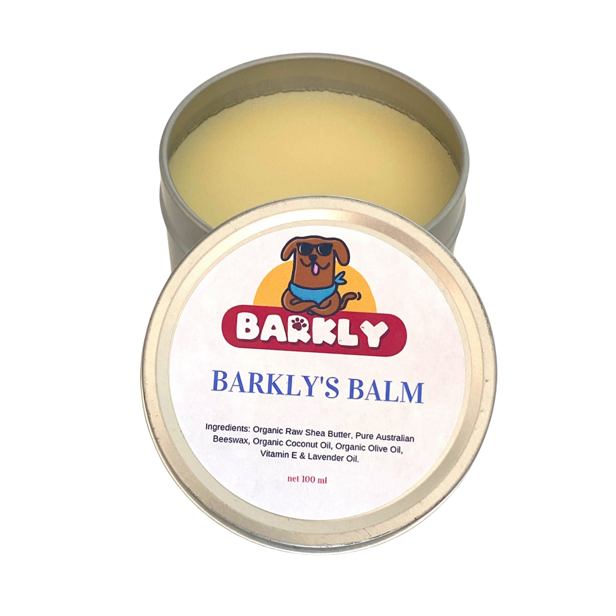 Open tin of Organic Dog Balm showing texture