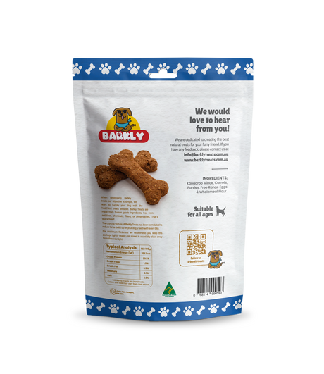 Dog treat bag labeled "Kangaroo and Carrots" for pets